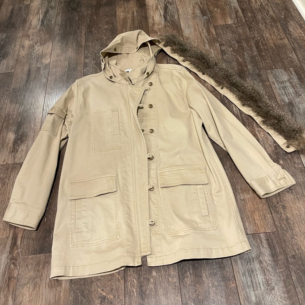 CAbi Beige Hooded Jacket with Faux Fur Trim
